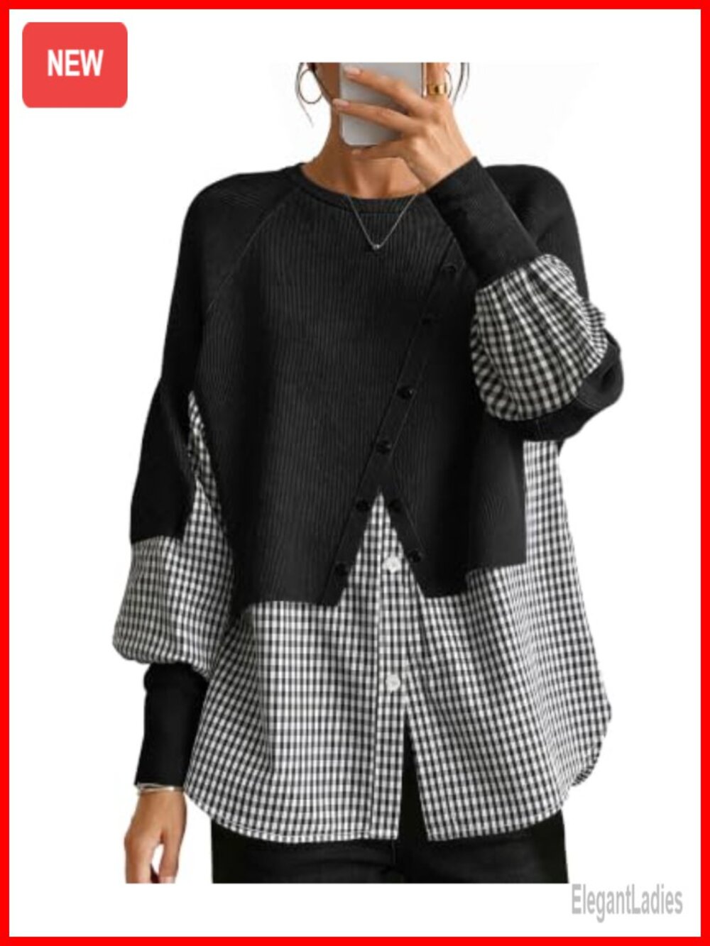 Knit Tunic Top Plaid Patchwork Long Sleeve Lightweight Teacher Sweater